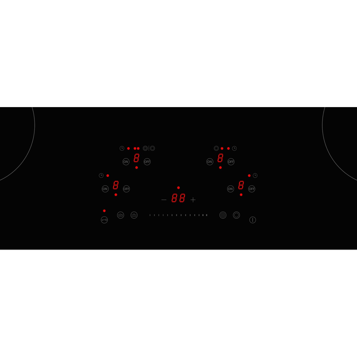 Close-up of the cooktop’s red LED touch control panel with plus and minus slider and on/off icons