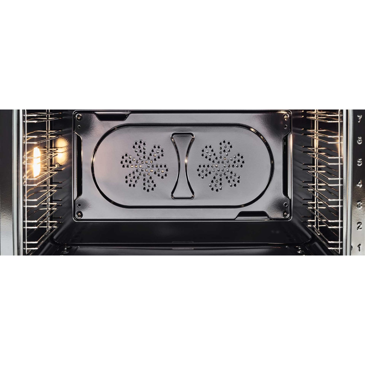 Interior of the Bertazzoni oven showing dual convection fan covers, oven light, and multiple rack positions