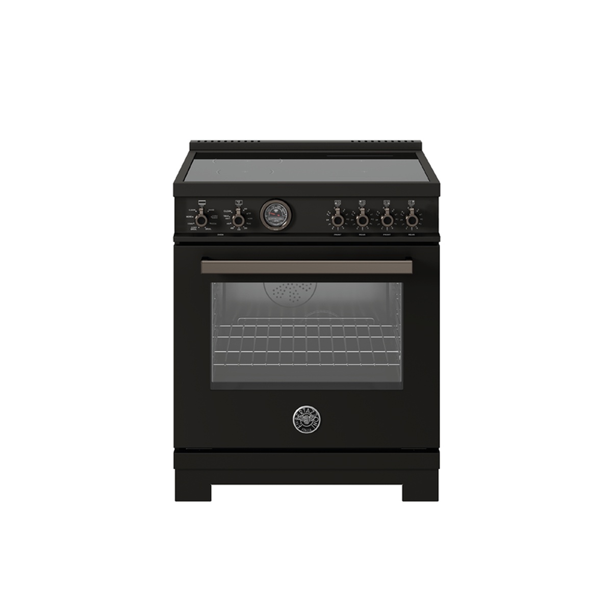 Front view of a Bertazzoni Professional Series 30-inch range with induction cooktop, control knobs, and a large oven door