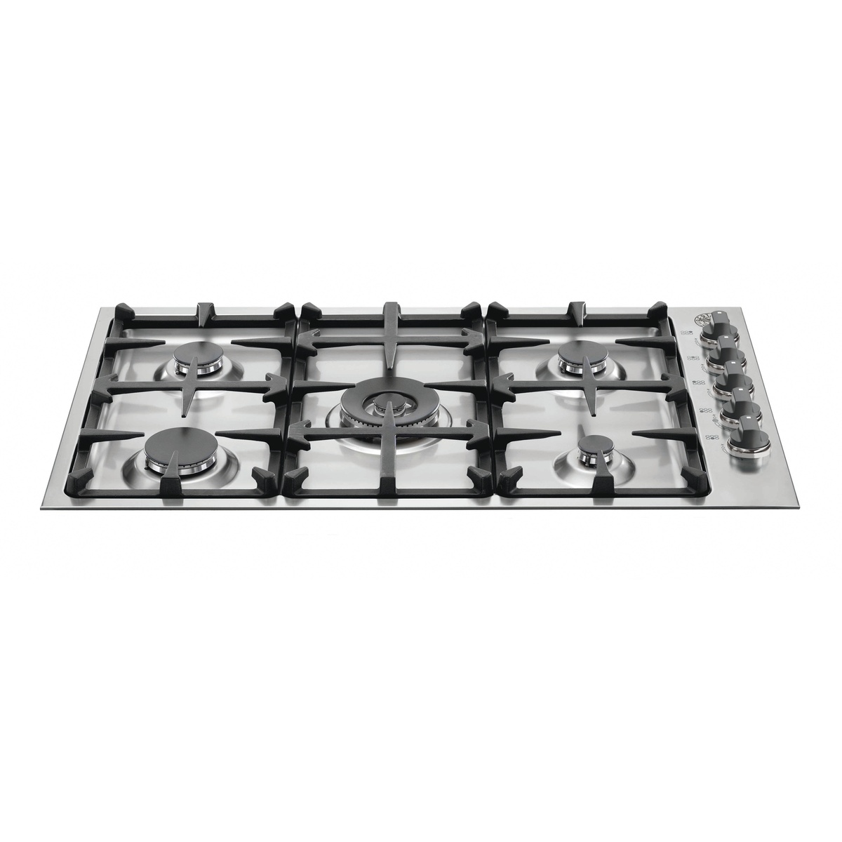 Top view of a stainless 36-inch Bertazzoni gas cooktop with five burners, continuous cast iron grates, and side-mounted control knobs