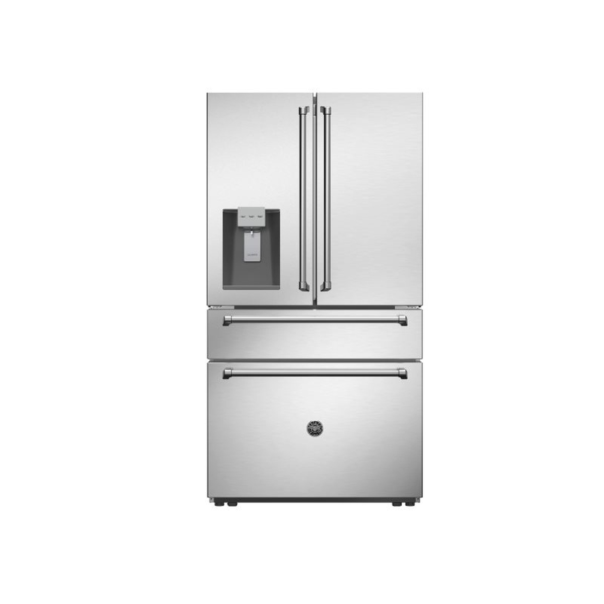 Front view of a stainless steel 36 inch freestanding French-door refrigerator with a built-in ice and water dispenser on the left door