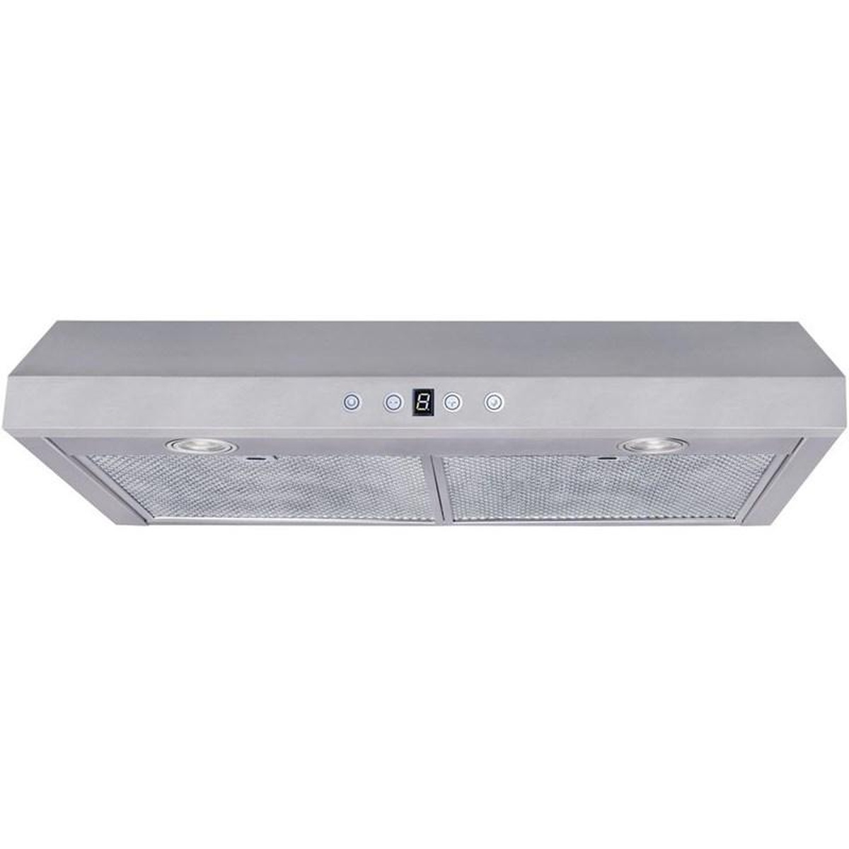 Stainless under-cabinet range hood shown from below with push-button controls and two mesh filter panels