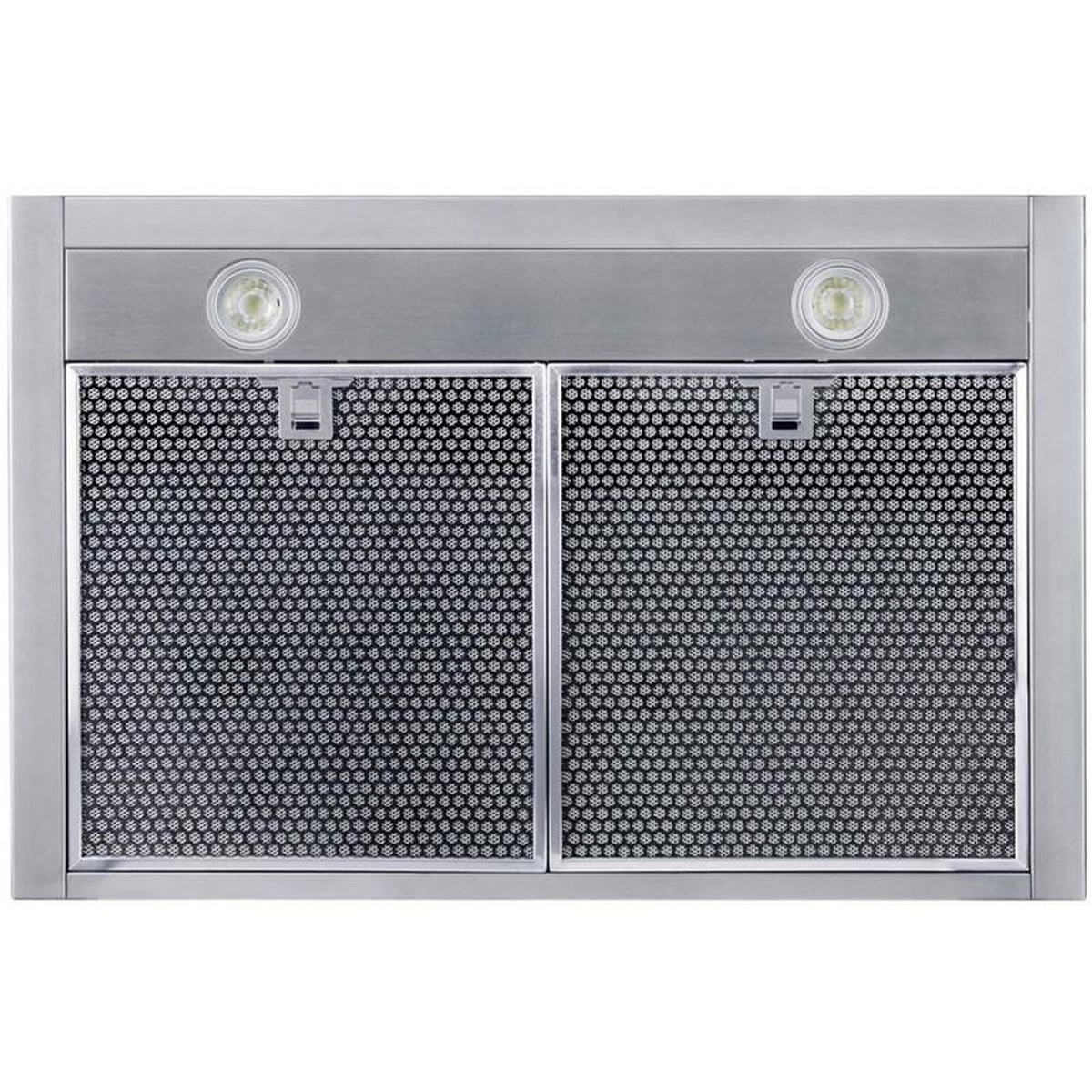 Close-up view of the range hood underside showing two LED lights above dual mesh filters