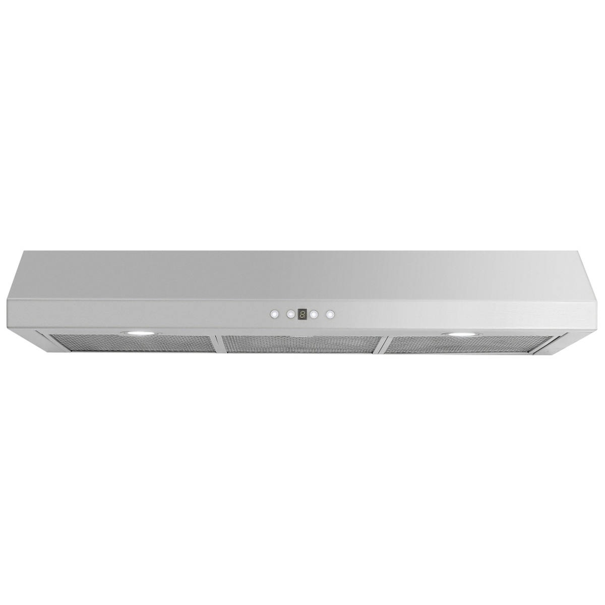 Front view of the Aviva AVB-366RS2 36-inch stainless steel under-cabinet range hood with LED lights and filter panels