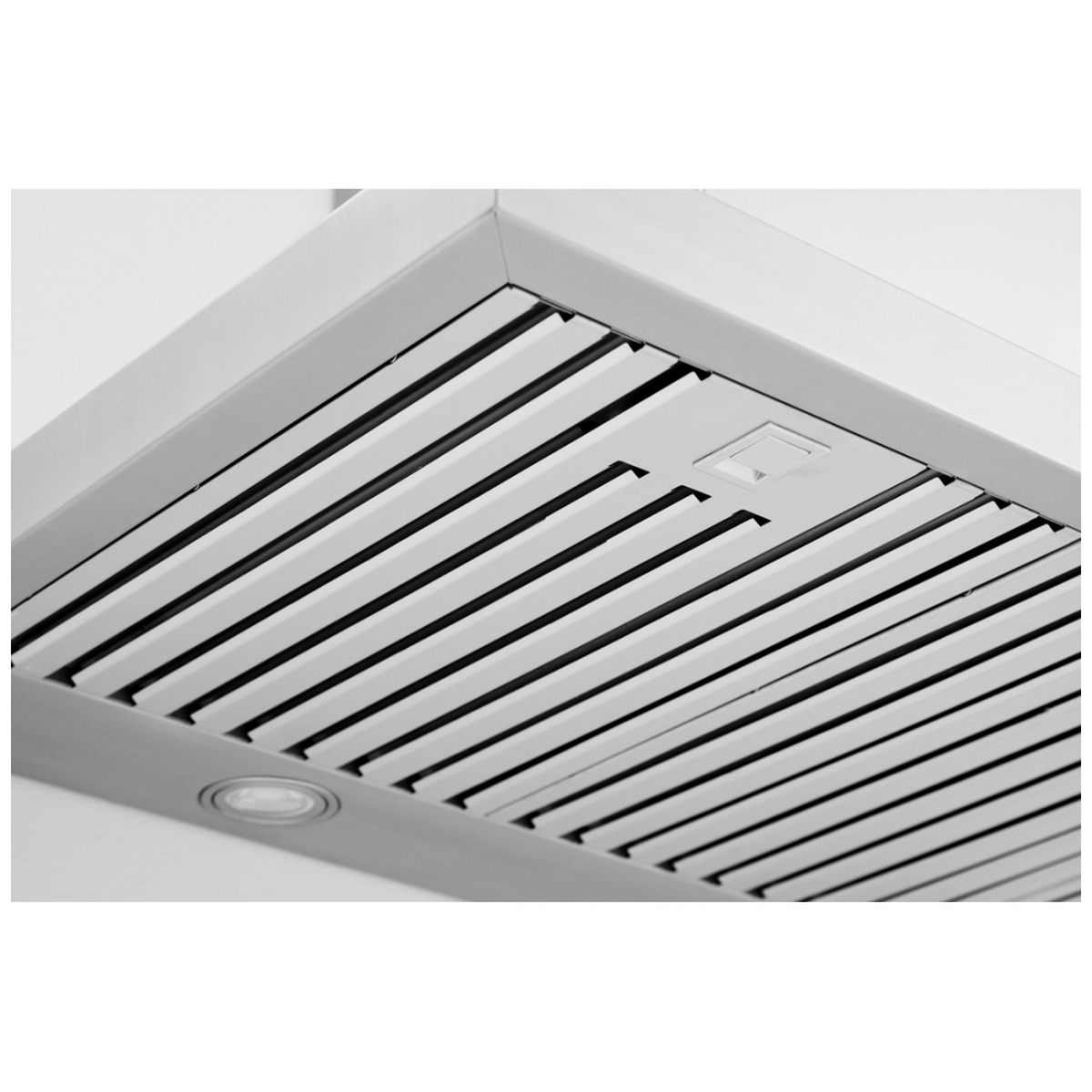 Underside view of the range hood showing a stainless baffle filter and an LED light