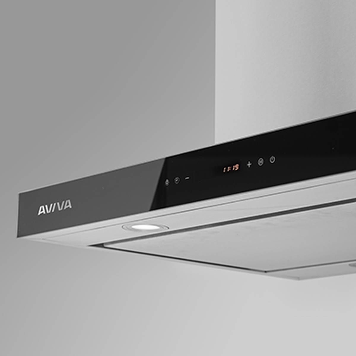 Angled view of the Aviva island range hood showing the front control panel with LCD display and touch controls