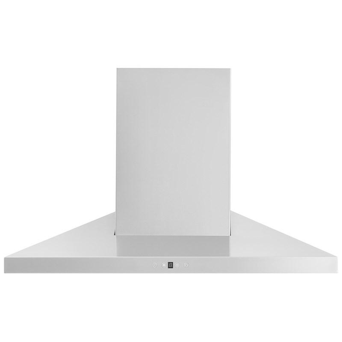 Front view of a stainless steel wall-mount chimney range hood with centered touch controls