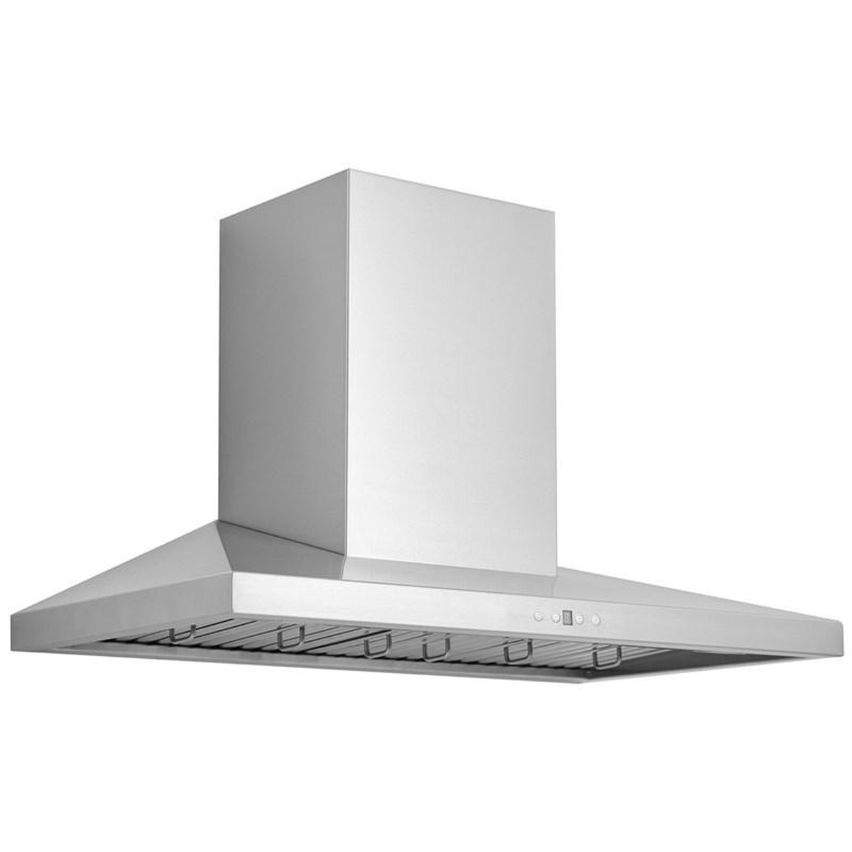 Underside view of the stainless steel wall-mount range hood showing baffle filters and the control area