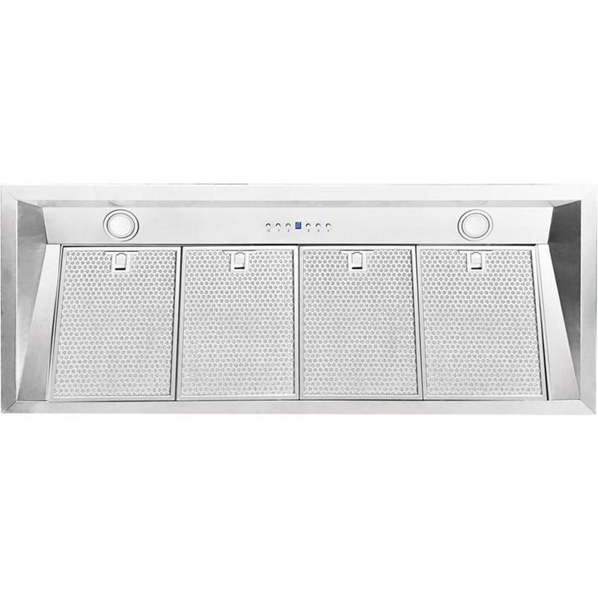Underside view of a stainless steel insert range hood with four rectangular aluminum mesh filter panels, two round lights, and a central push-button control cluster