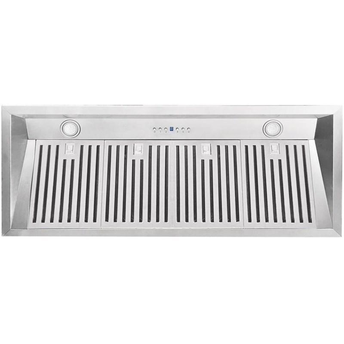 Underside view of a stainless steel 44-inch insert range hood with baffle-style filter panels, two round lights, and a central push-button control cluster