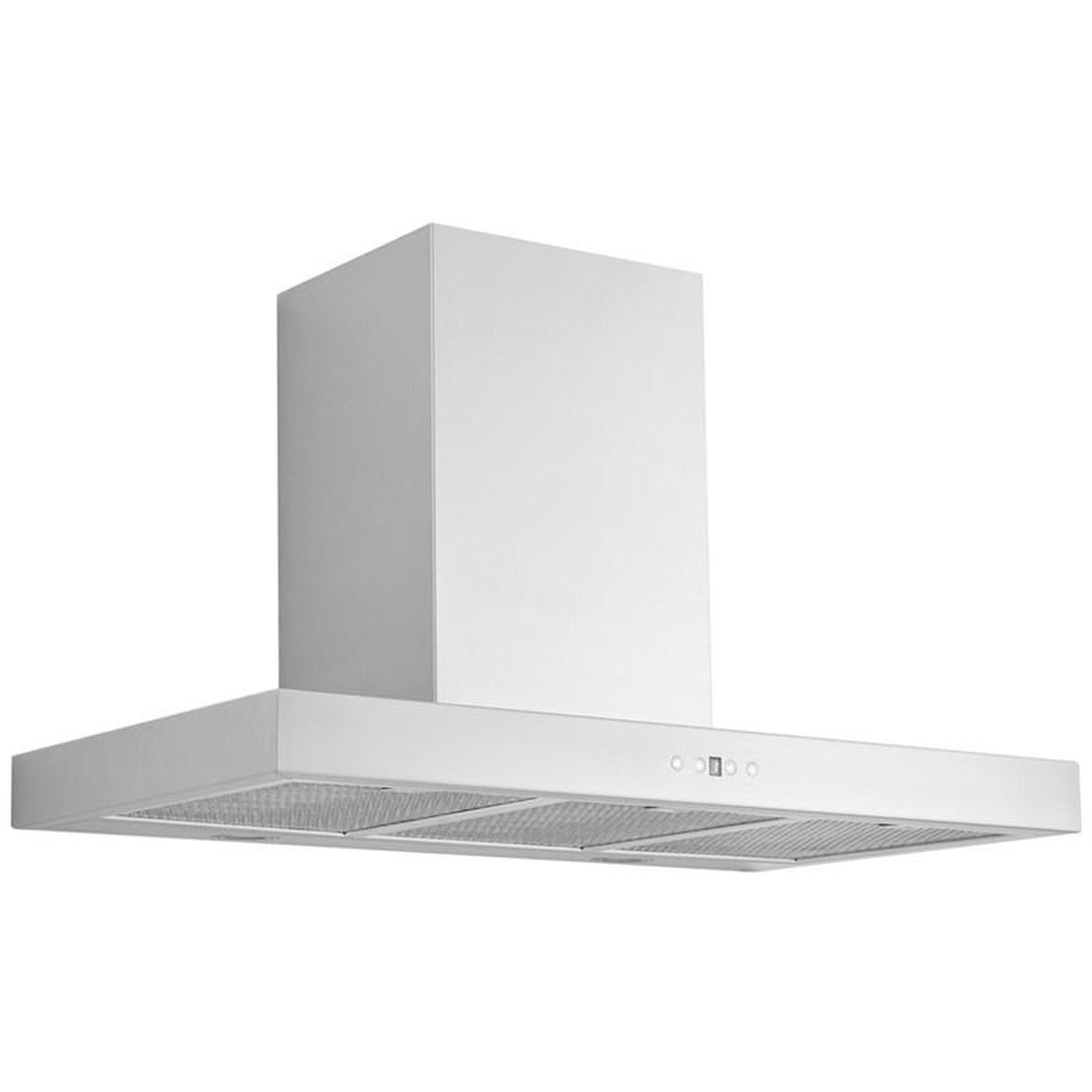 Angled view of the Aviva stainless steel wall-mount chimney range hood with underside filters and push-button controls