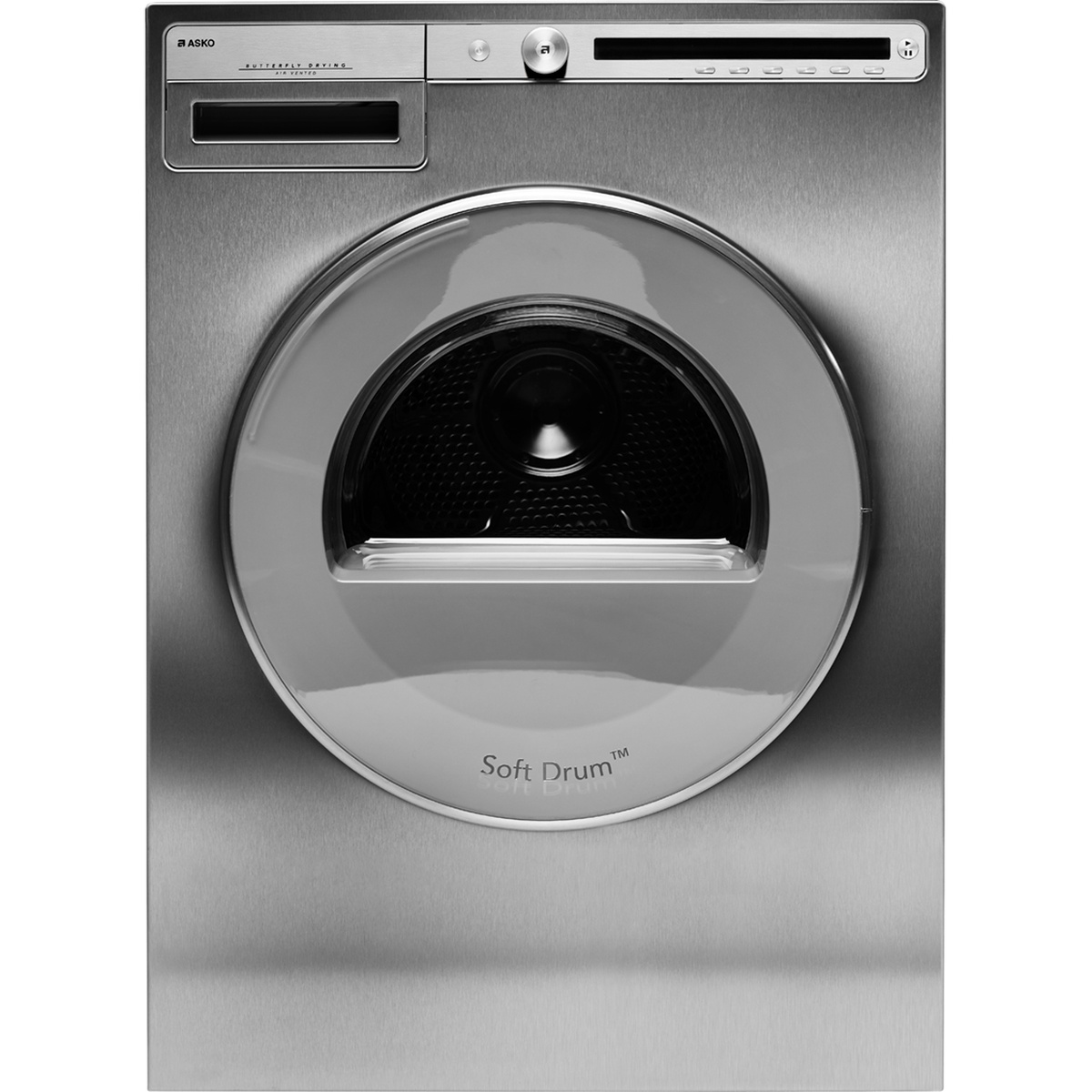 Front view of the ASKO titanium electric dryer showing the round door, control dial, and Soft Drum label