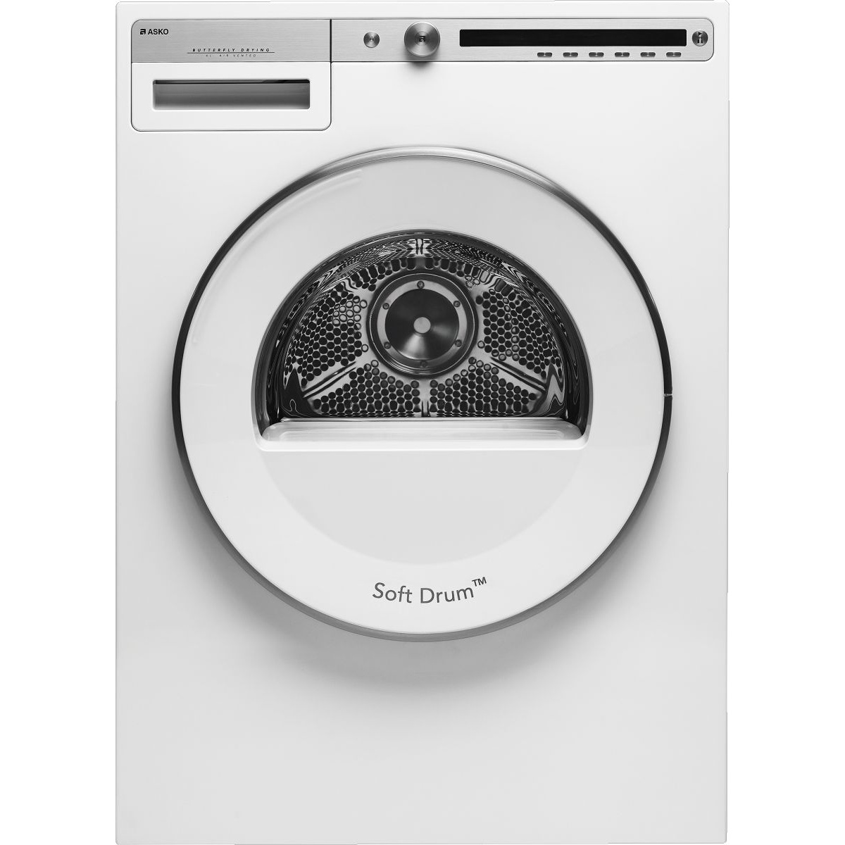 Front view of the white ASKO T411VD.W dryer with a control knob, display strip, and large round door labeled Soft Drum