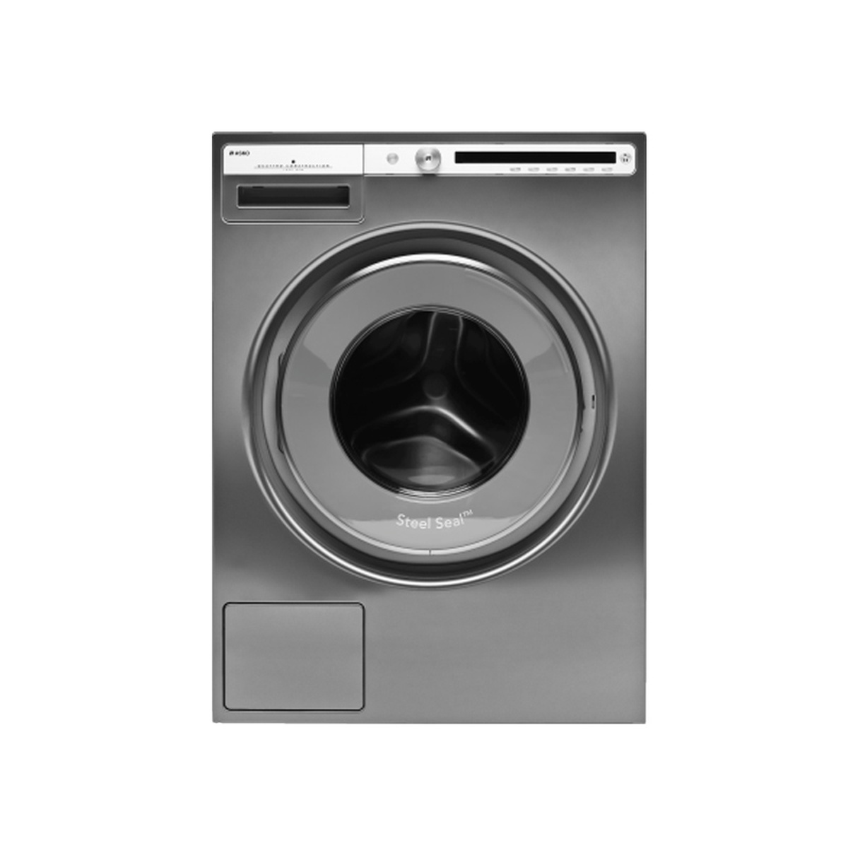 Front view of an ASKO W4114C.T front-load washer in a titanium finish with a large round door, control knob, and LCD display