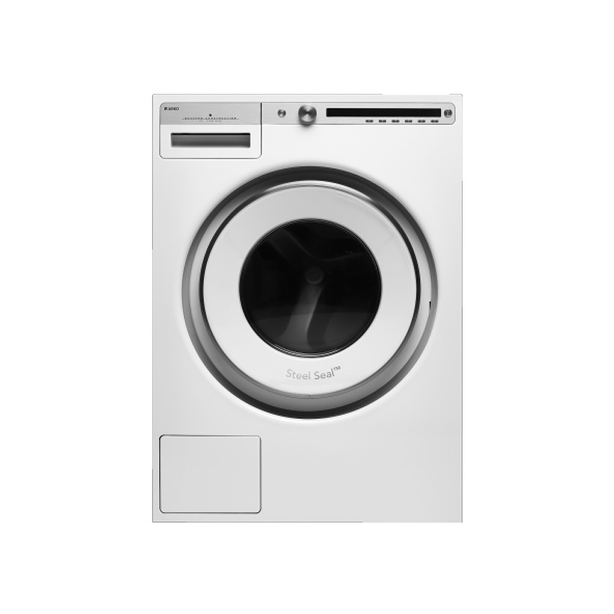 Front view of the ASKO W4114C.W 24-inch white front-load washer with a large round door and top control panel