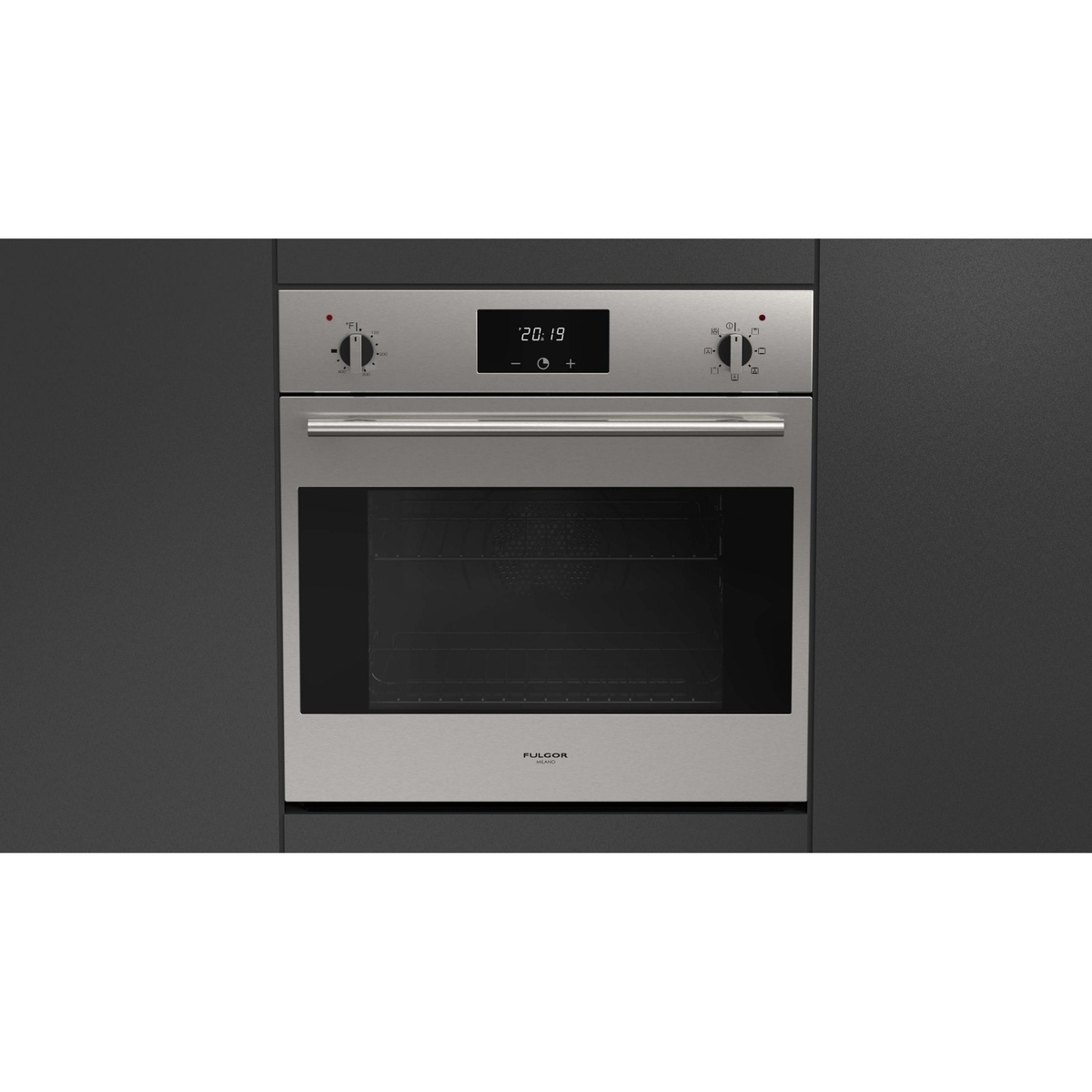Front view of a Fulgor Milano 24 inch stainless steel built-in wall oven with two knobs, central digital display, and large glass door