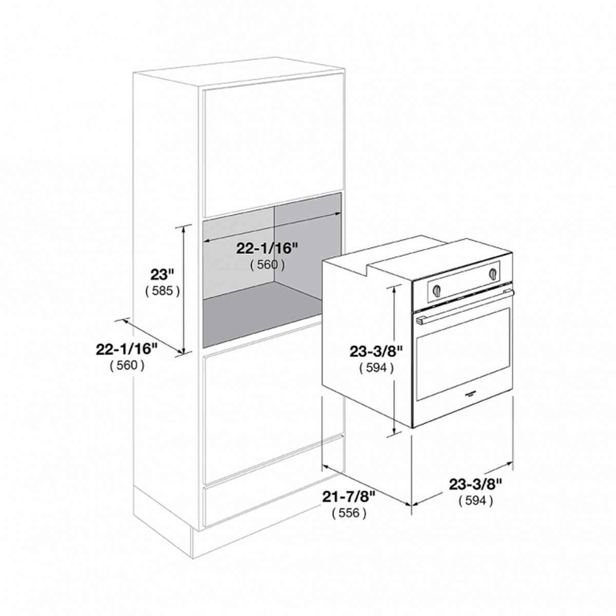 Cabinet cutout diagram for a 24 inch built-in oven showing approximate opening and unit dimensions
