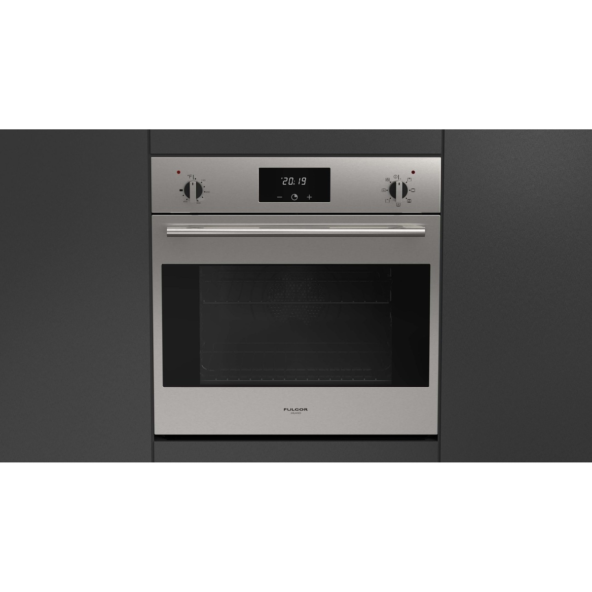 Front view of a stainless steel 24-inch built-in wall oven with two knobs, a central digital display, and a wide glass door