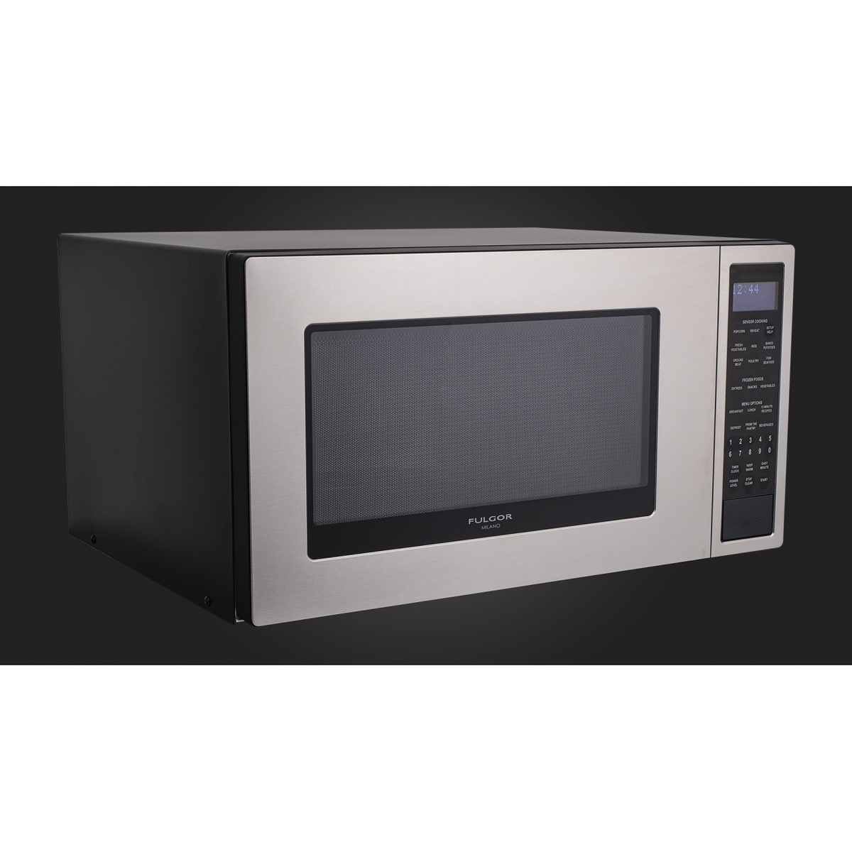 Angled view of the Fulgor Milano 24-inch stainless steel countertop microwave with black cabinet sides