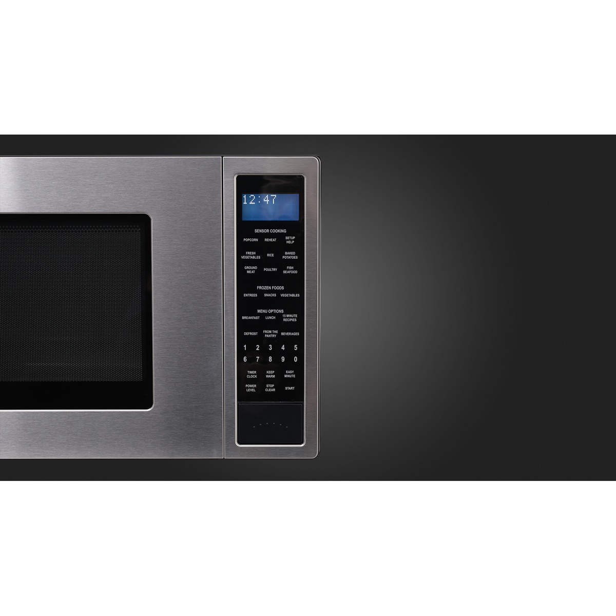 Close-up of the Fulgor Milano microwave touch control panel with blue display and labeled cooking presets