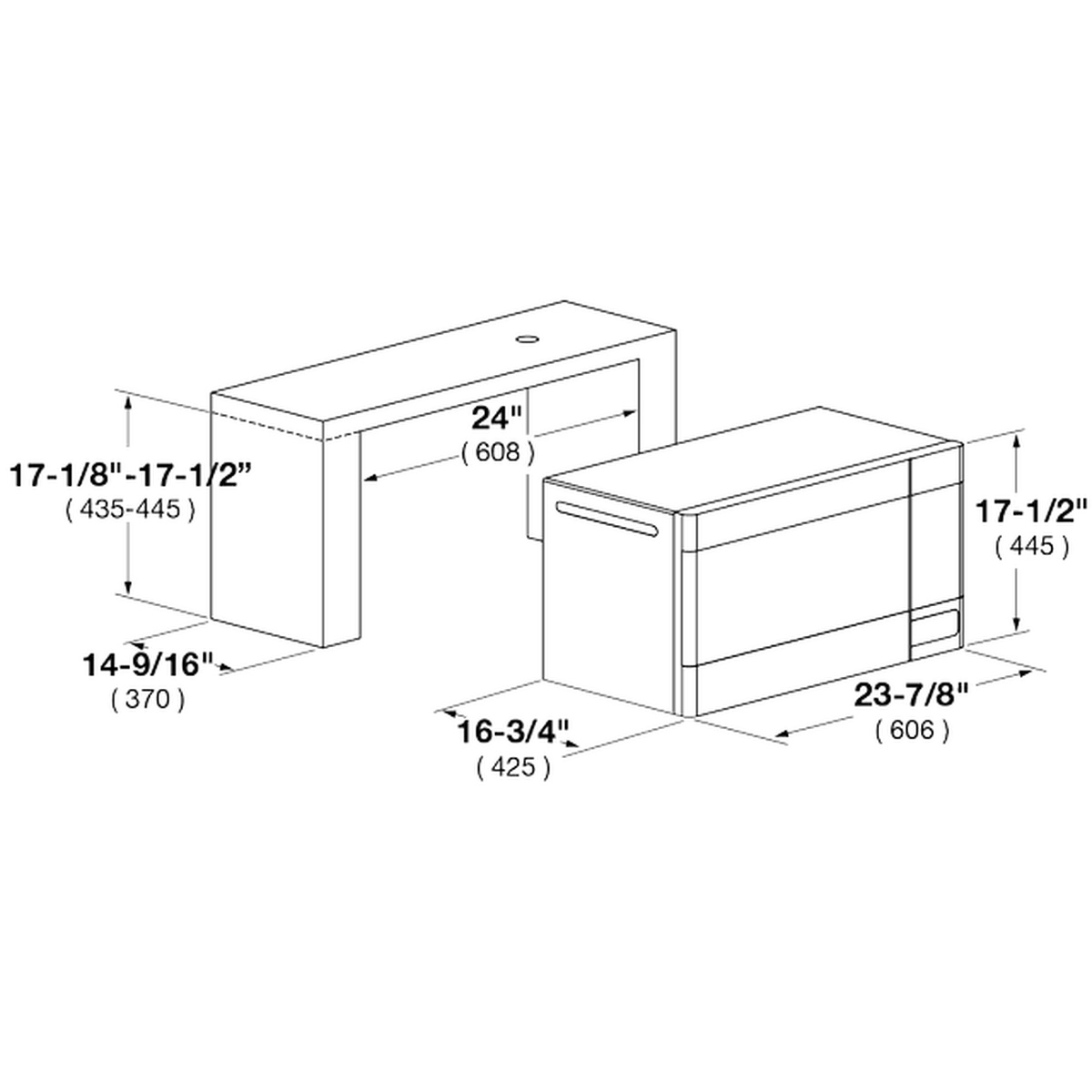 Line drawing of the microwave with labeled dimensions and cabinet opening measurements