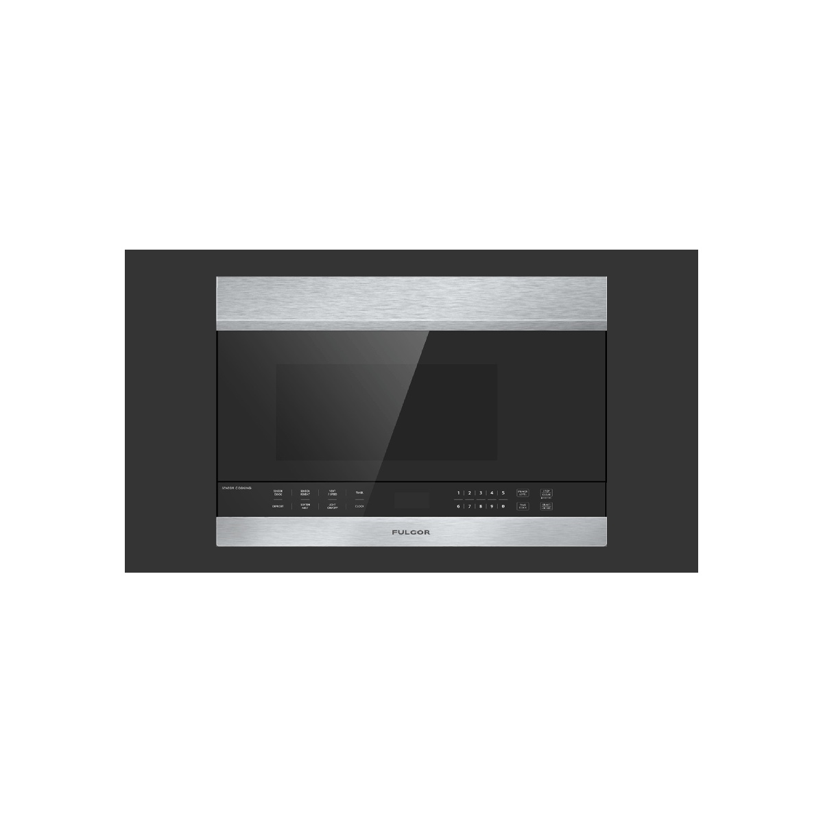 Front view of a Fulgor Milano microwave with stainless trim, dark glass door, and touch control panel