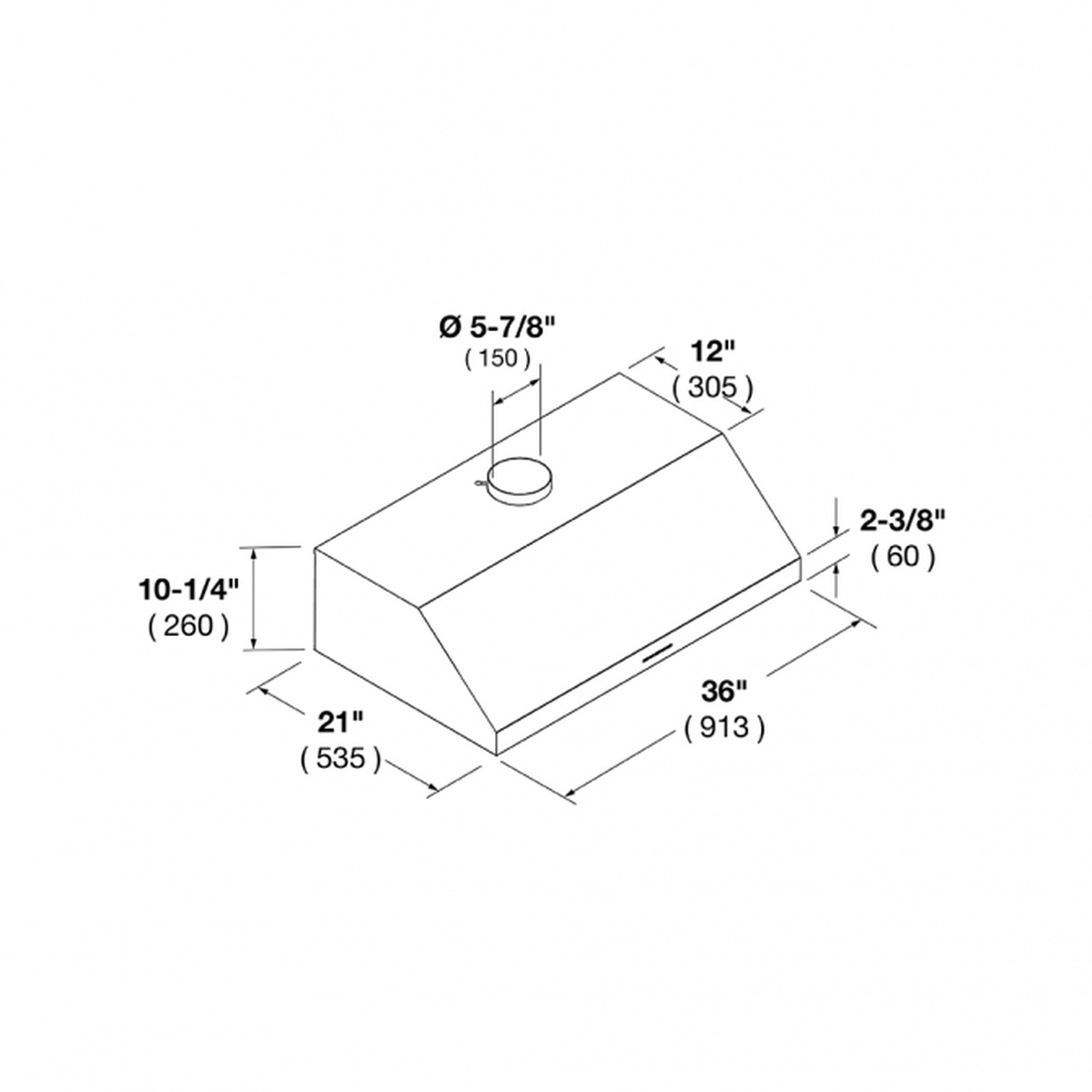 Line drawing cutout diagram for the Fulgor Milano F4UC36S1 under-cabinet hood showing 36 inch width, 21 inch depth, and a 5 7/8 inch round duct connection
