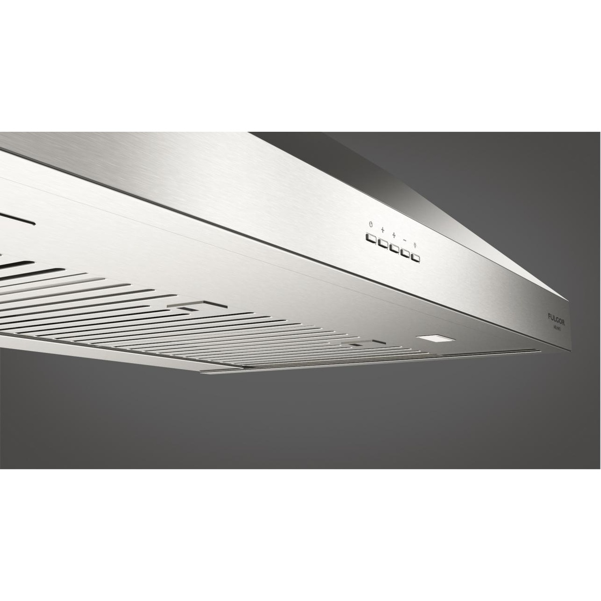 Underside view of a stainless steel Fulgor Milano under-cabinet range hood showing baffle-style filter panels, front push-button controls, and LED light lenses