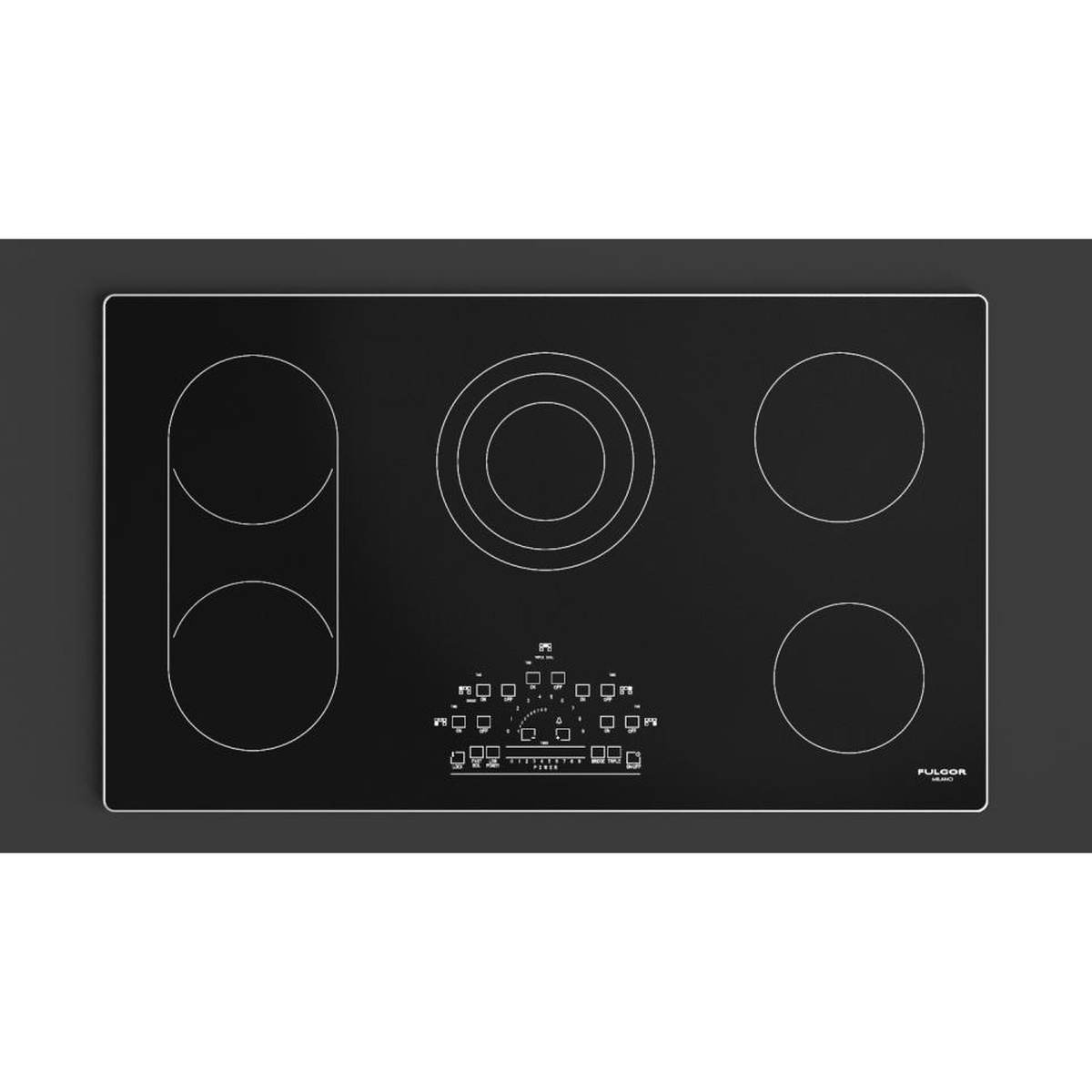 Top-down view of the Fulgor Milano 36-inch black glass radiant cooktop showing multiple heating zones and the central touch control panel