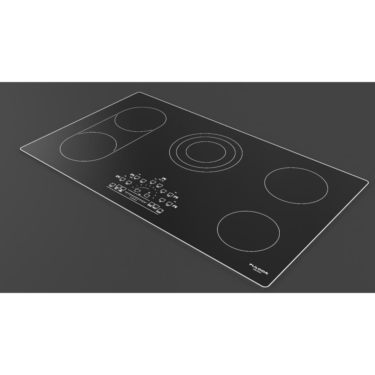 Angled view of the black glass radiant cooktop highlighting the slim profile and metal trim edge