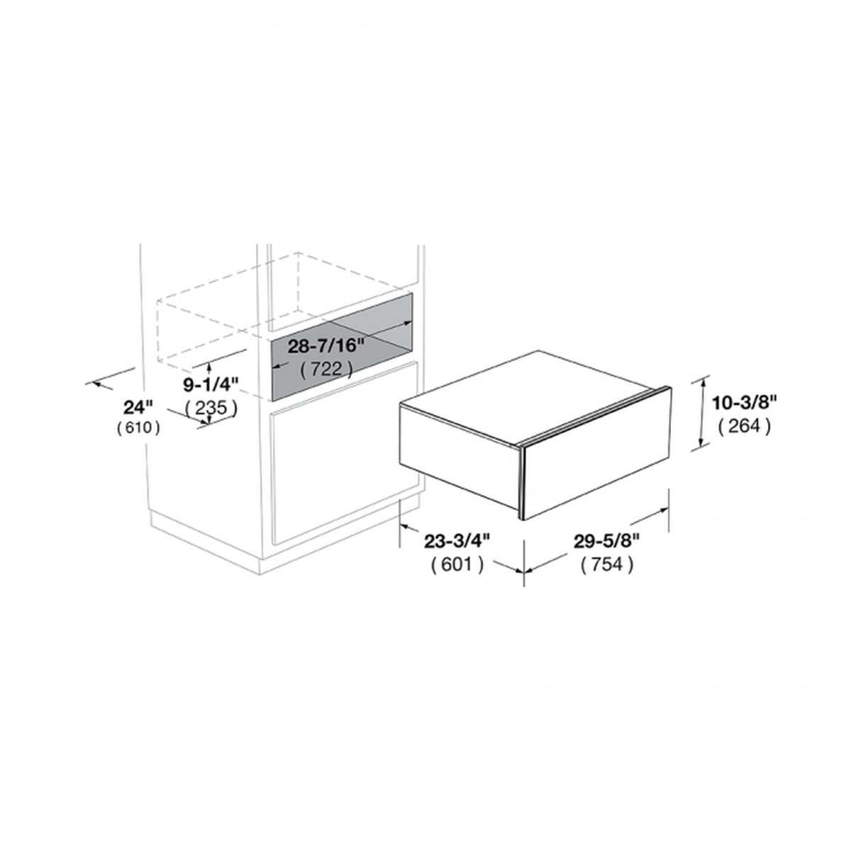 Cutout diagram for the Fulgor Milano warming drawer showing cabinet opening and overall dimensions
