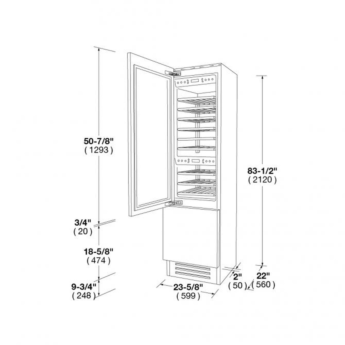 Installation cutout drawing for a built-in wine cellar showing height, width, and depth measurements