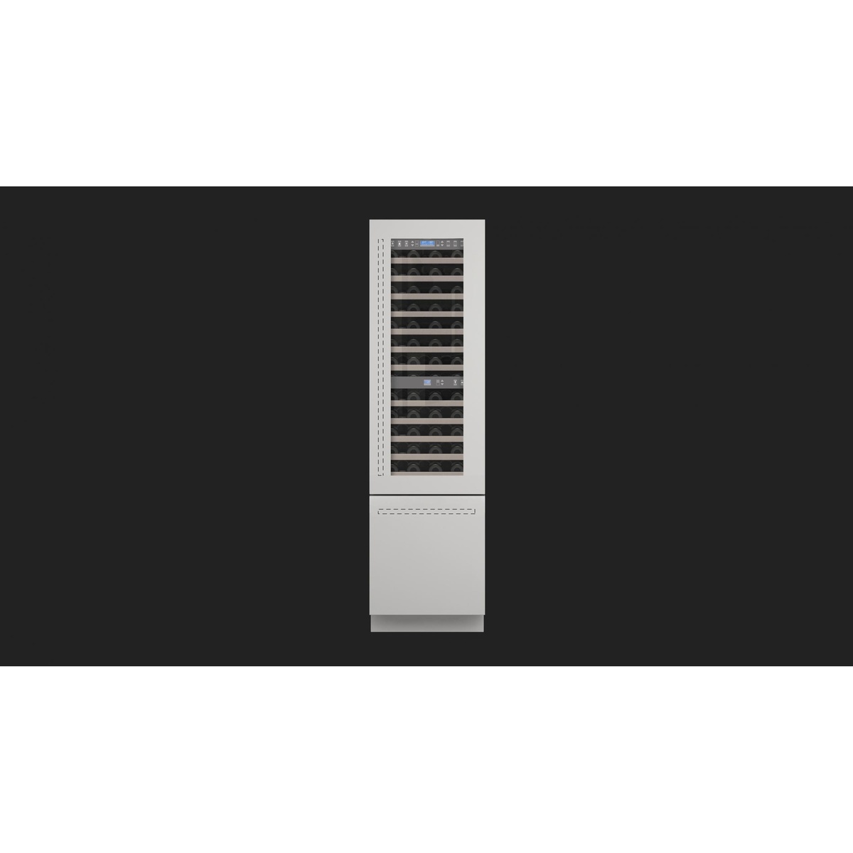 Front view of a tall 24-inch built-in wine cellar with glass door, multiple bottle shelves, and touch-style control panels