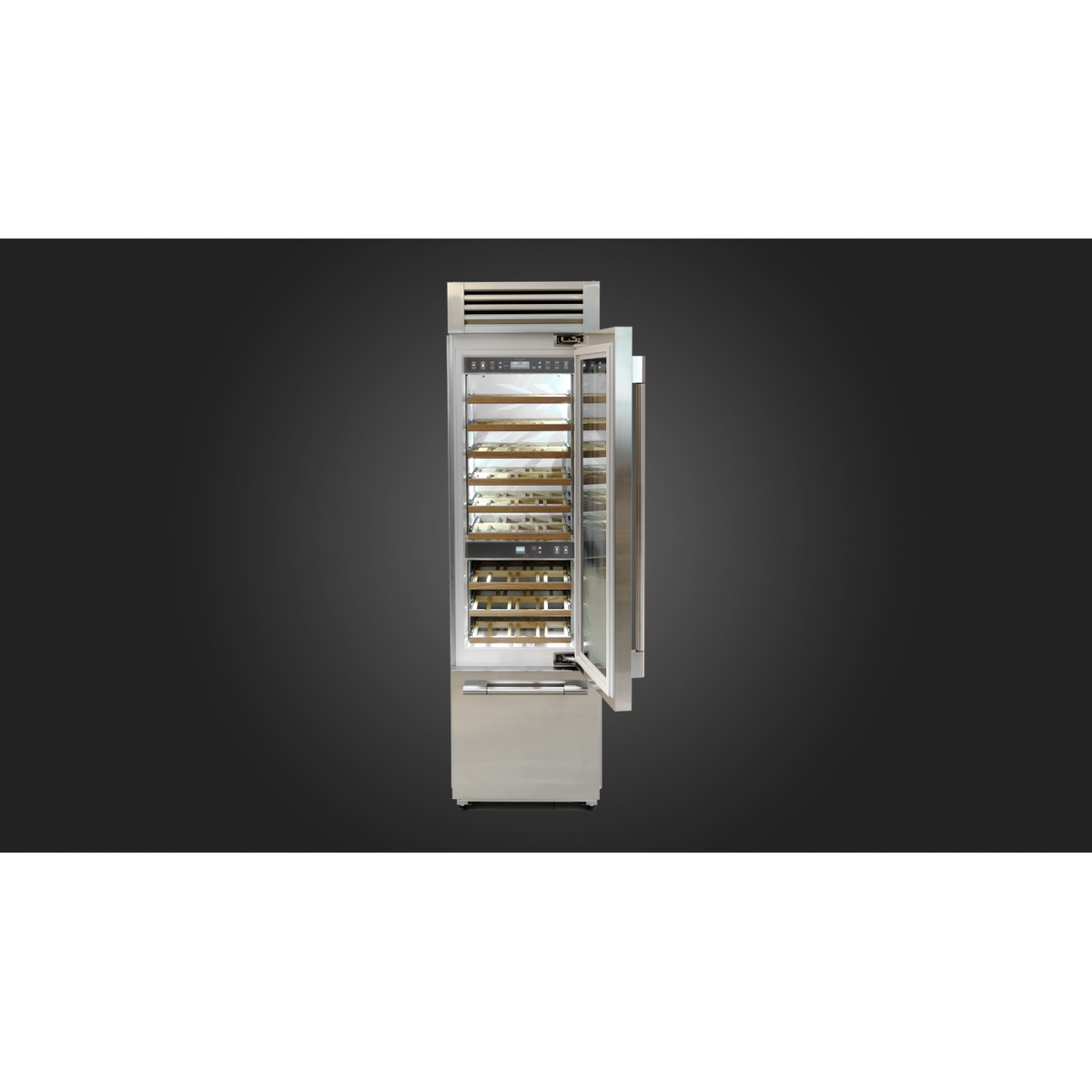 Fulgor Milano 24-inch wine cellar with the door open showing beechwood shelves and top control panel