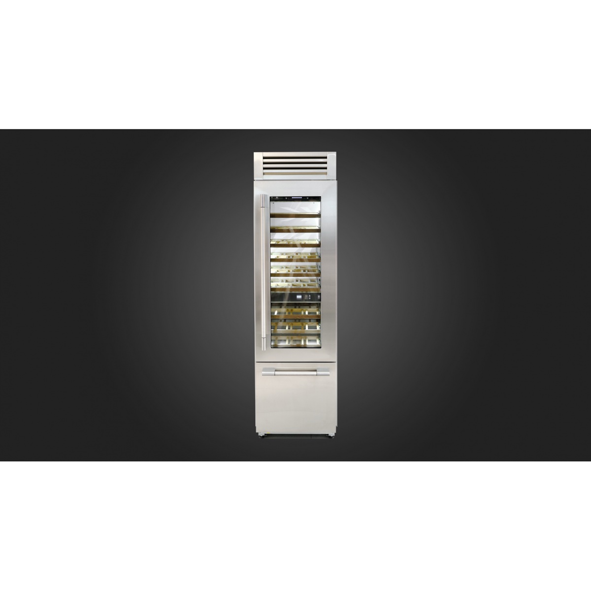 Front view of Fulgor Milano 24-inch PRO wine cellar with brushed stainless exterior and glass door