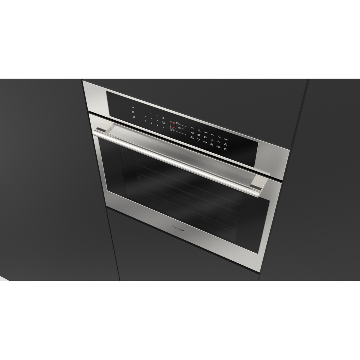 Angled view of the Fulgor Milano F7SP30S1 built-in stainless steel wall oven showing the touch control panel and wide handle