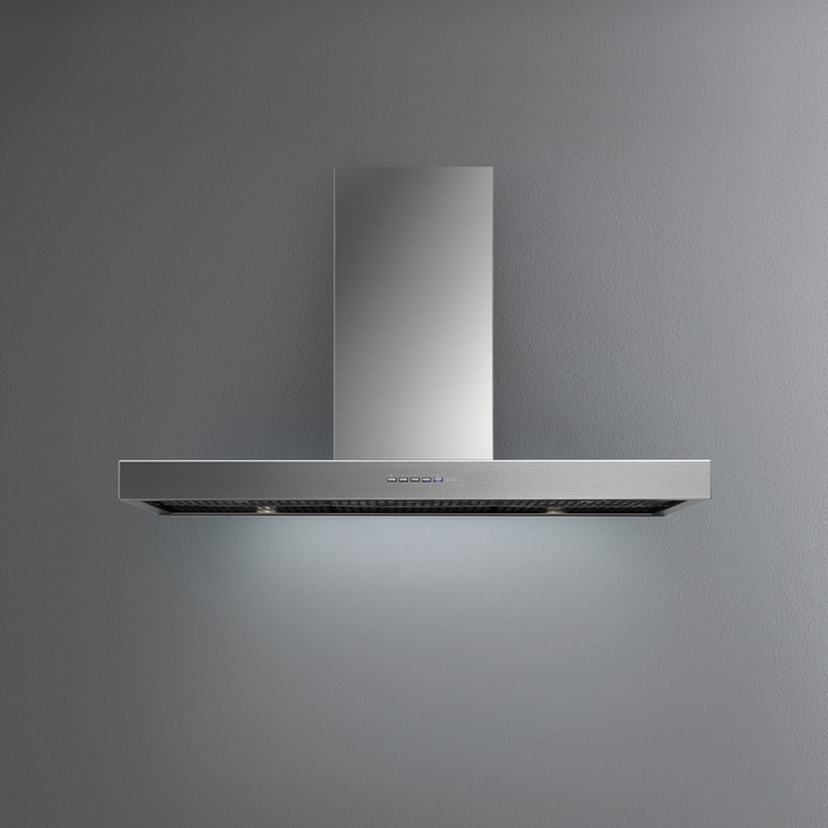Stainless steel wall-mount range hood with chimney and a slim canopy featuring front push-button controls