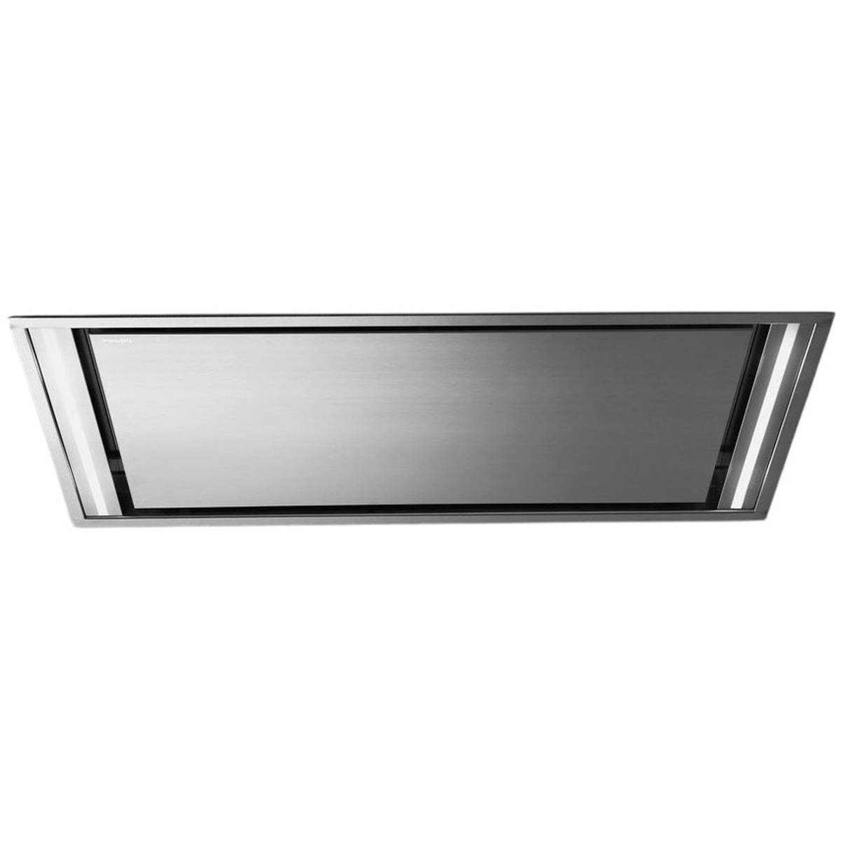 Underside view of a stainless steel insert range hood with a slim rectangular panel design