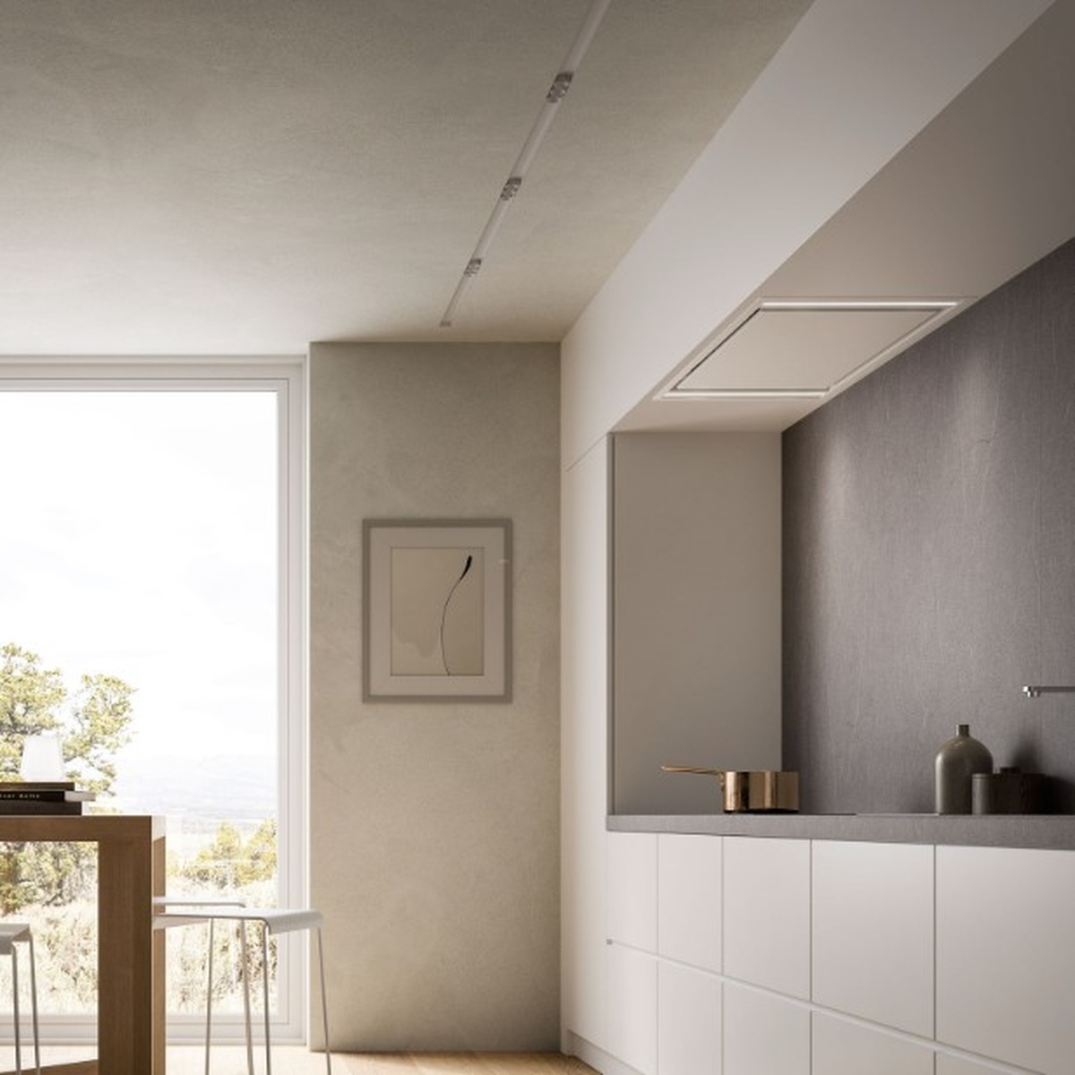 Modern kitchen showing a flush-mounted ceiling insert range hood above a minimalist cooking area