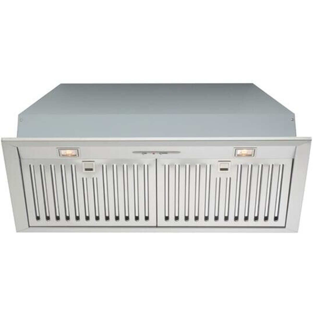Underside view of the Falmec stainless steel cabinet insert range hood showing baffle filters, two LED lights, and central slider controls