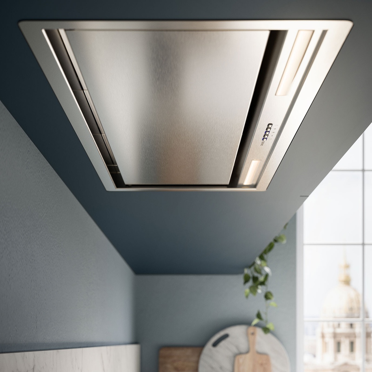 Close-up view of the underside of a stainless steel insert range hood with two LED light bars and push-button controls