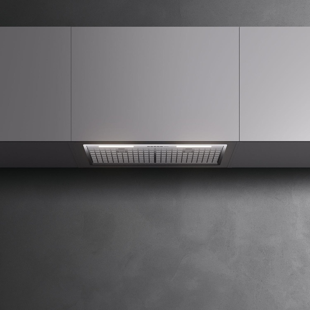 Wide view of the built-in insert range hood installed under cabinetry with the underside filter panel and lights visible