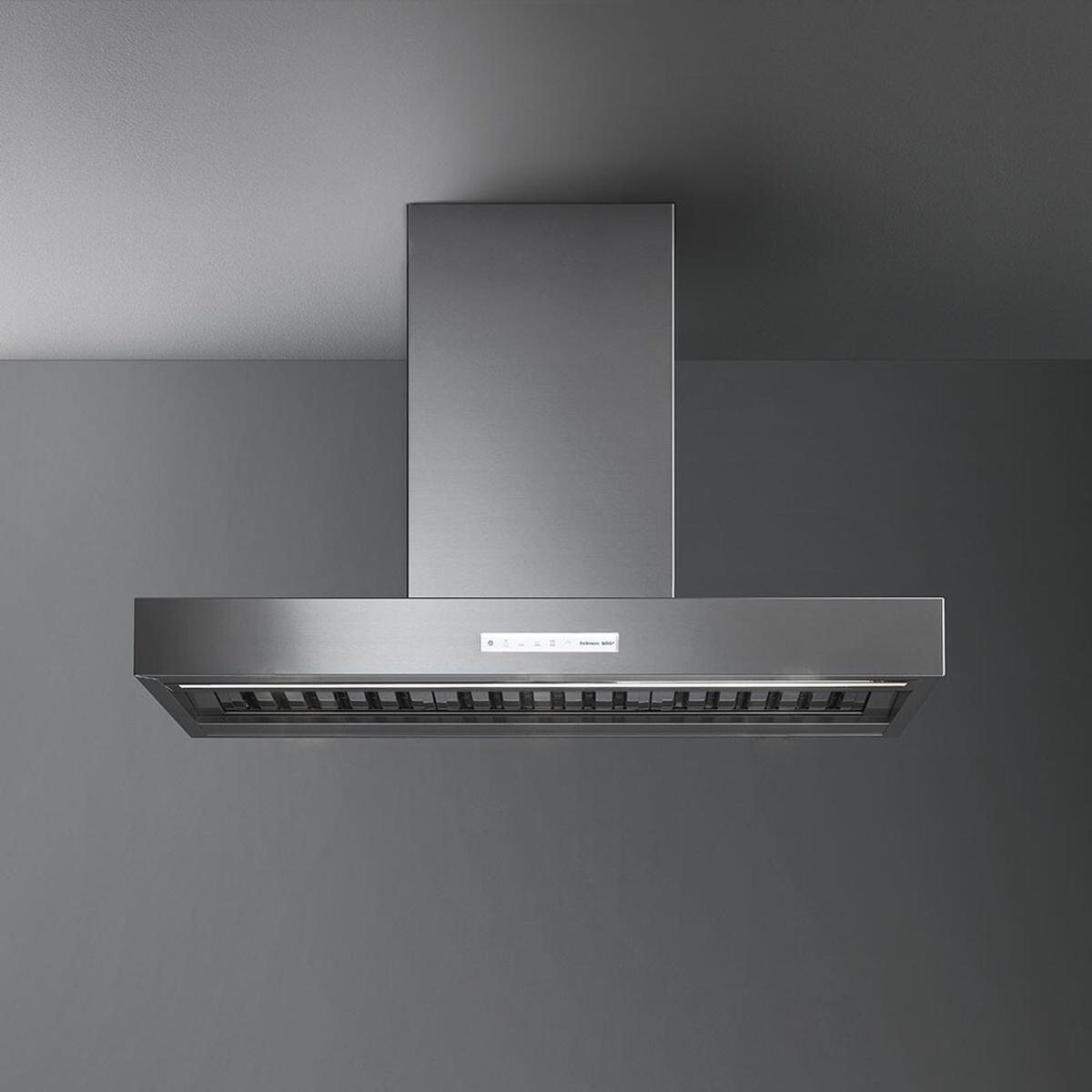 Falmec stainless steel wall-mount range hood with chimney, slim canopy, and front control panel