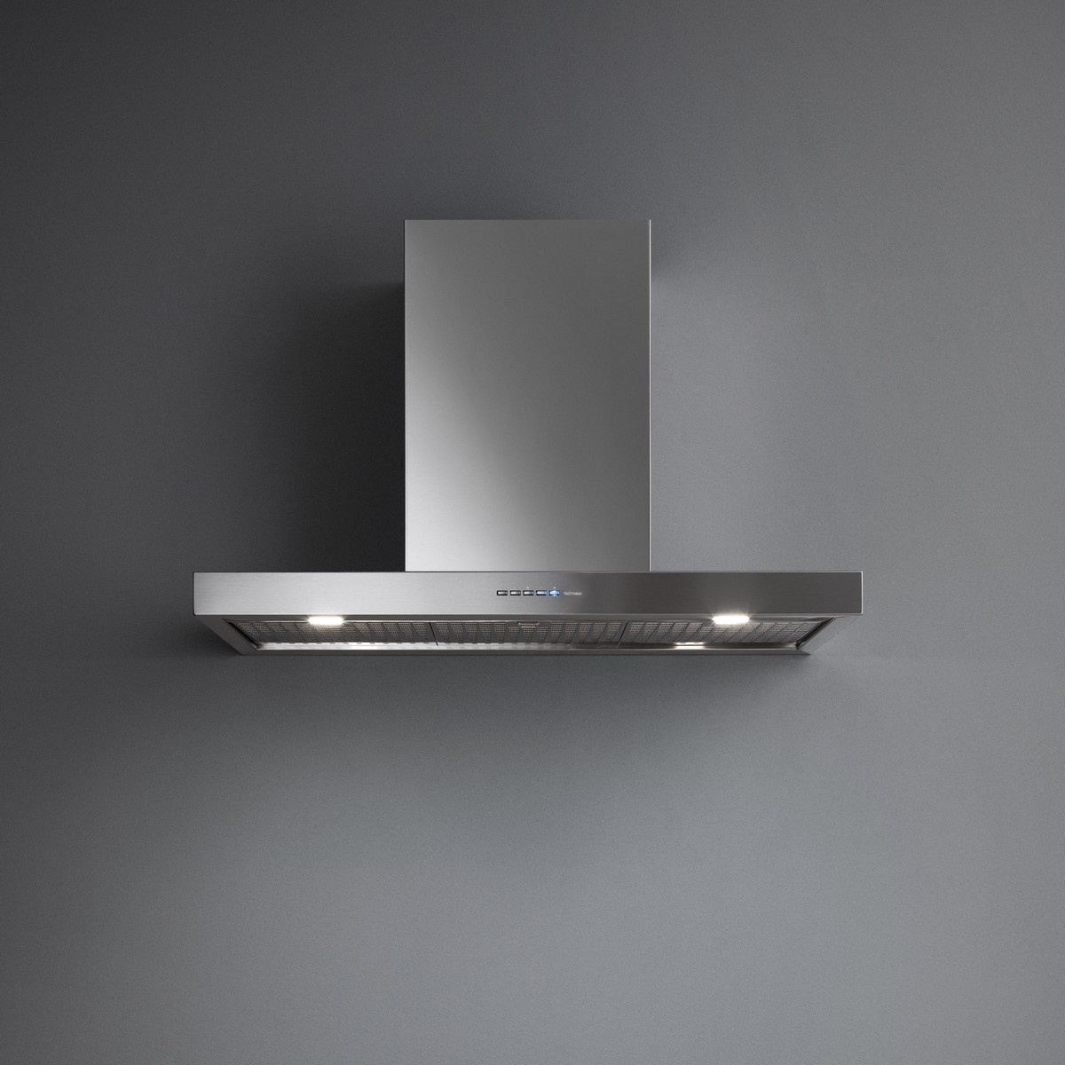 Front view of a stainless steel Falmec Plane NRS wall-mount range hood with chimney and slim canopy