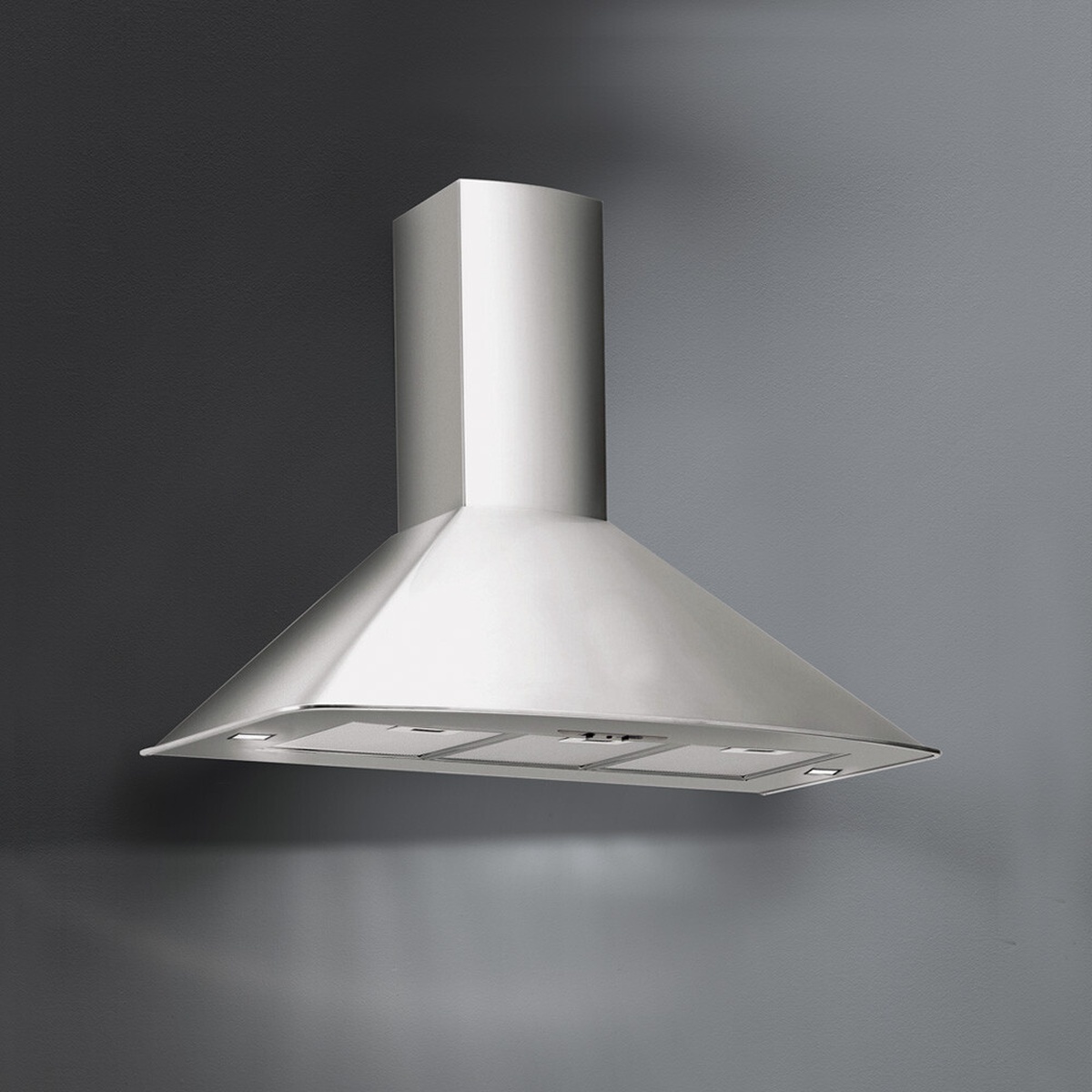 Falmec wall-mount stainless steel chimney range hood with pyramid canopy, underside grease filters, and built-in lights