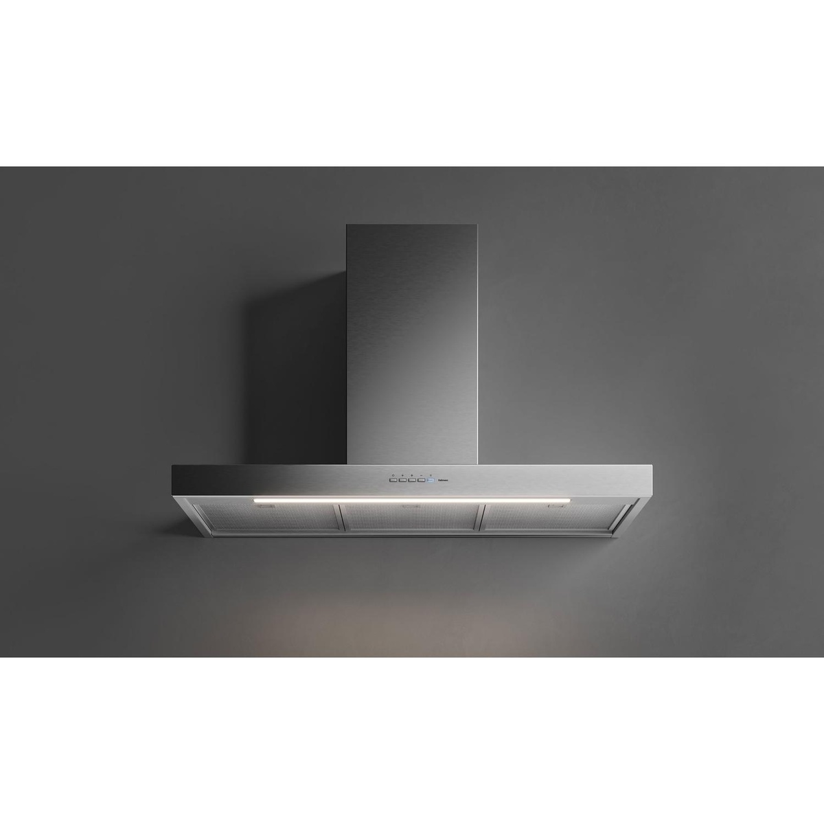 Front view of a stainless steel Falmec wall-mounted range hood with a wide canopy and centered push-button controls