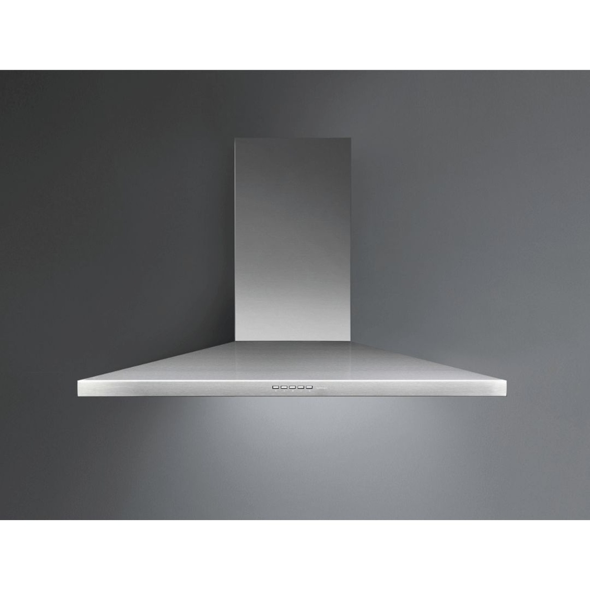 Front view of a stainless steel wall-mount range hood with chimney and slim canopy