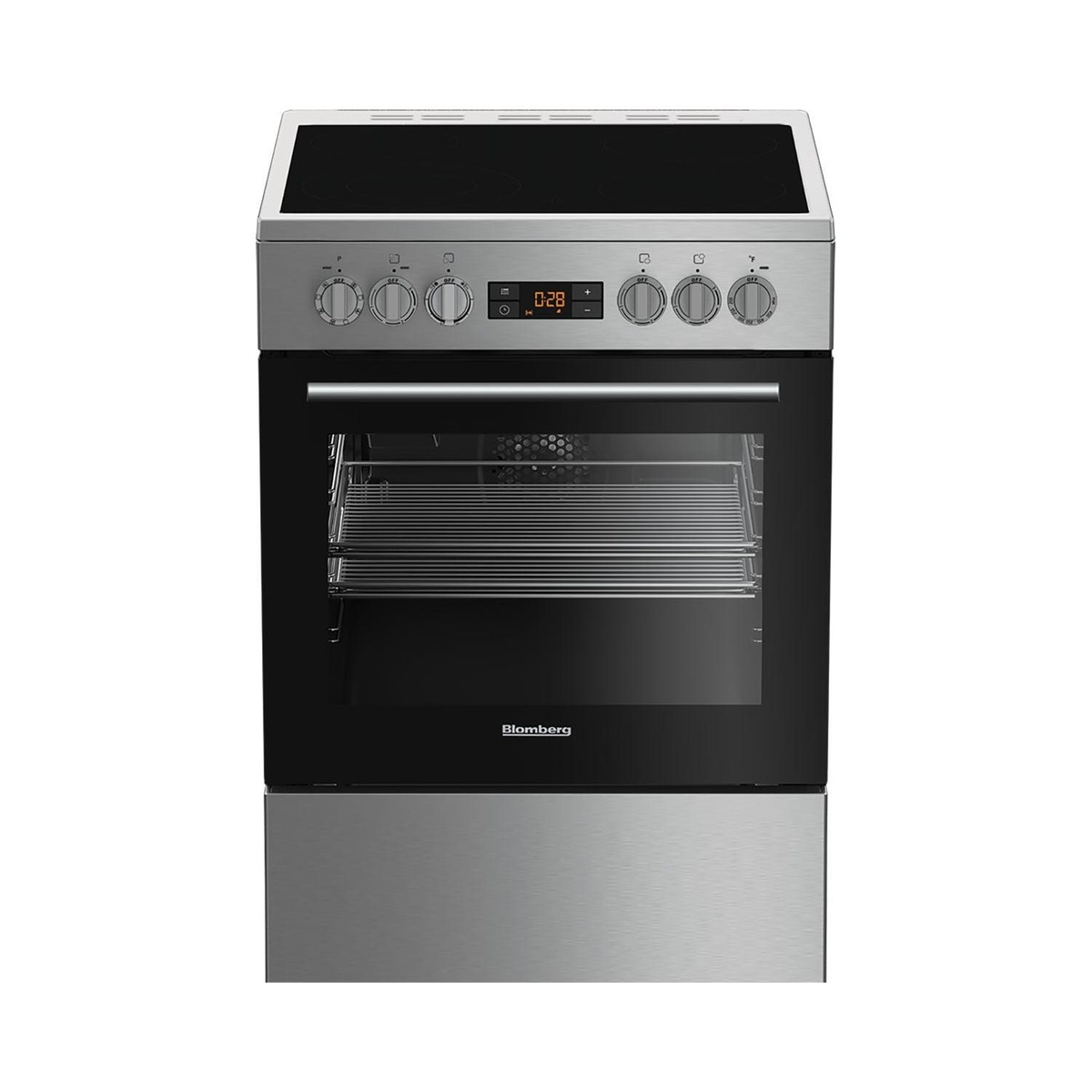 Front view of the Blomberg 24-inch freestanding electric range with smooth ceramic cooktop, stainless control panel, knobs, and LED display