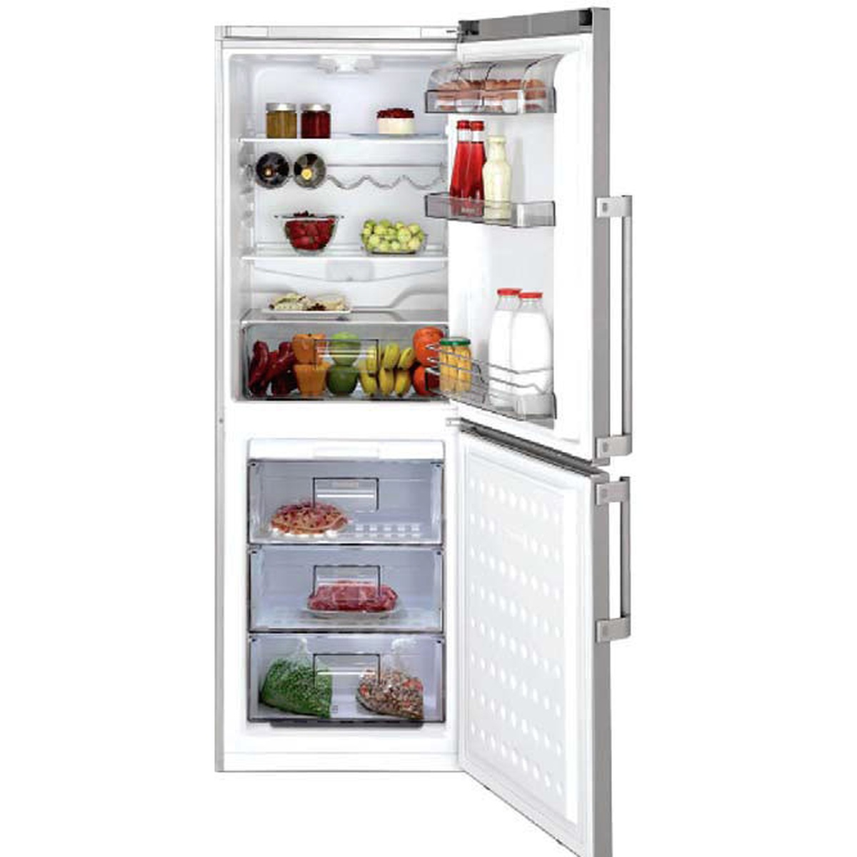 Blomberg bottom-freezer refrigerator with doors open showing glass shelves, door bins, and freezer drawers