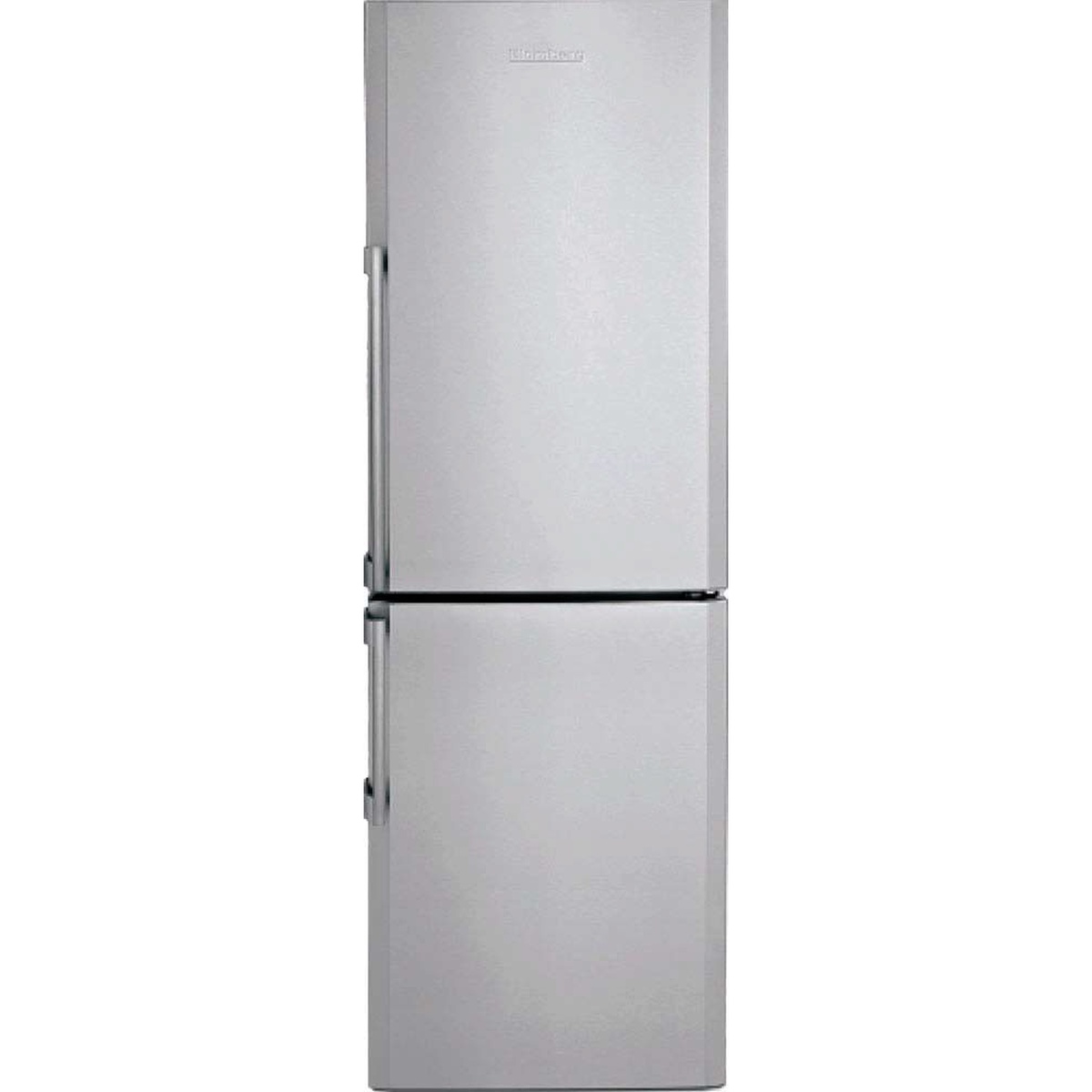 Front view of a Blomberg stainless steel bottom-freezer refrigerator with two doors